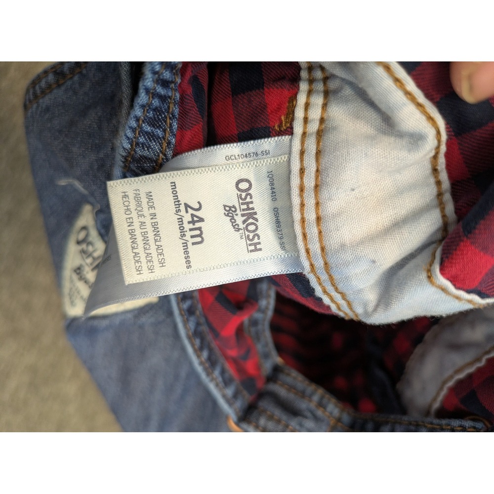 OshKosh B'gosh Denim Overalls Kid's 24M Blue Plaid Lined Adjustable Straps - Picture 5 of 8